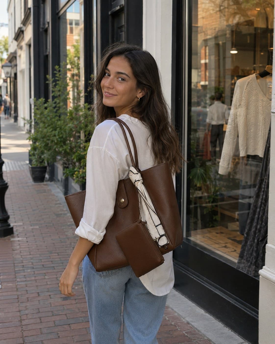Shopping in the city with the Everyday Tote in Espresso