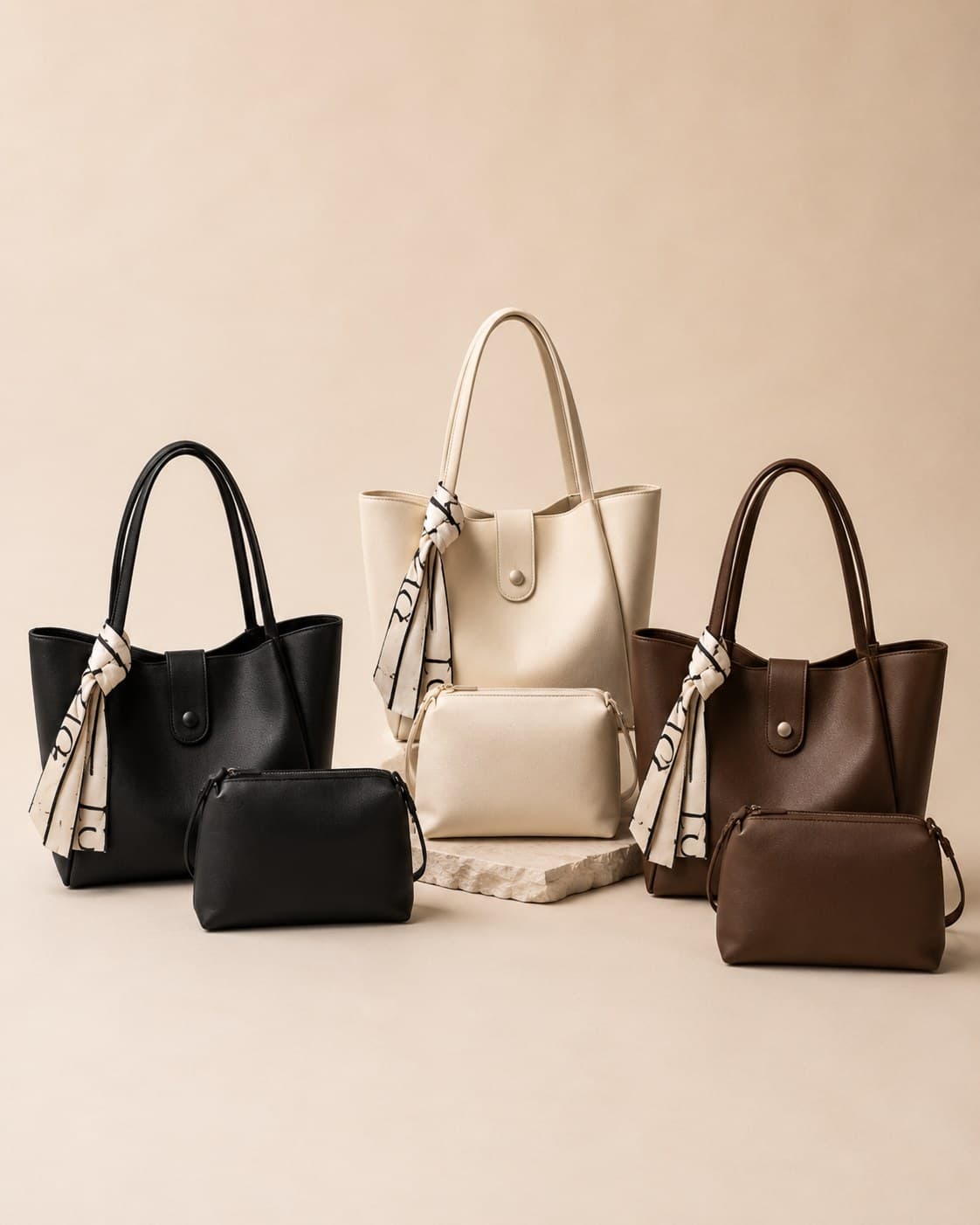 The LOVORI Everyday Duo — the Everyday Tote and Mini Essentials Pouch in Noir, Bone and Espresso