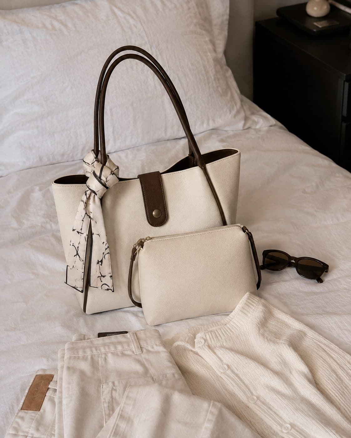 The Everyday Tote and Mini Essentials Pouch photographed flat