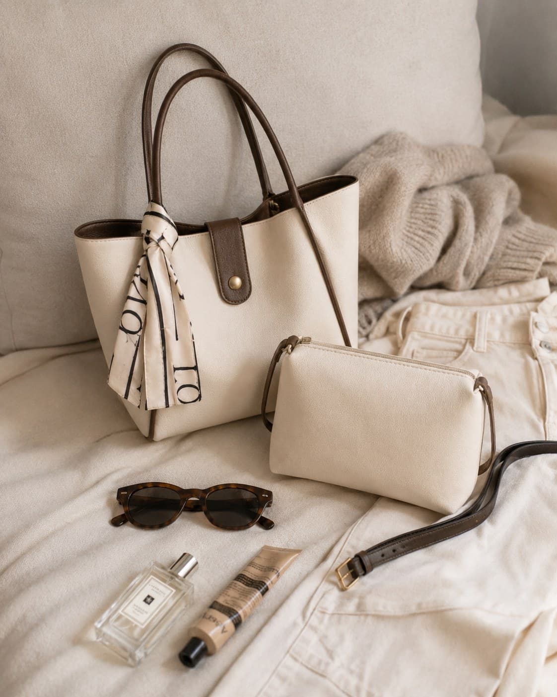 The Mini Essentials Pouch styled beside the Everyday Tote