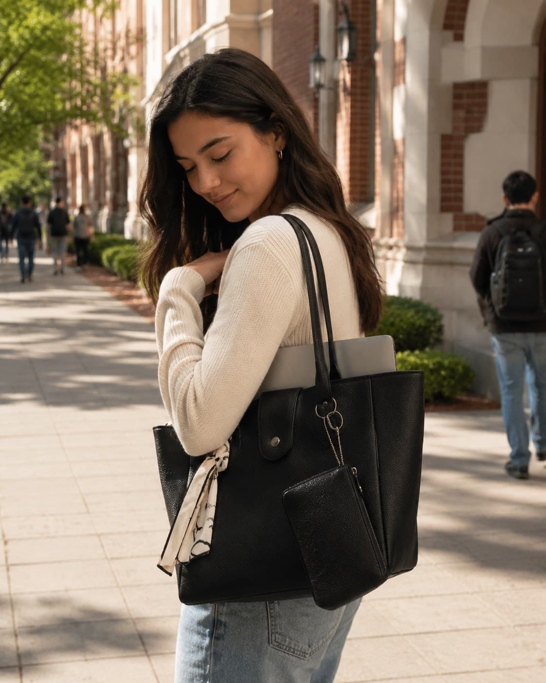 Walking across campus with the Everyday Tote in Noir