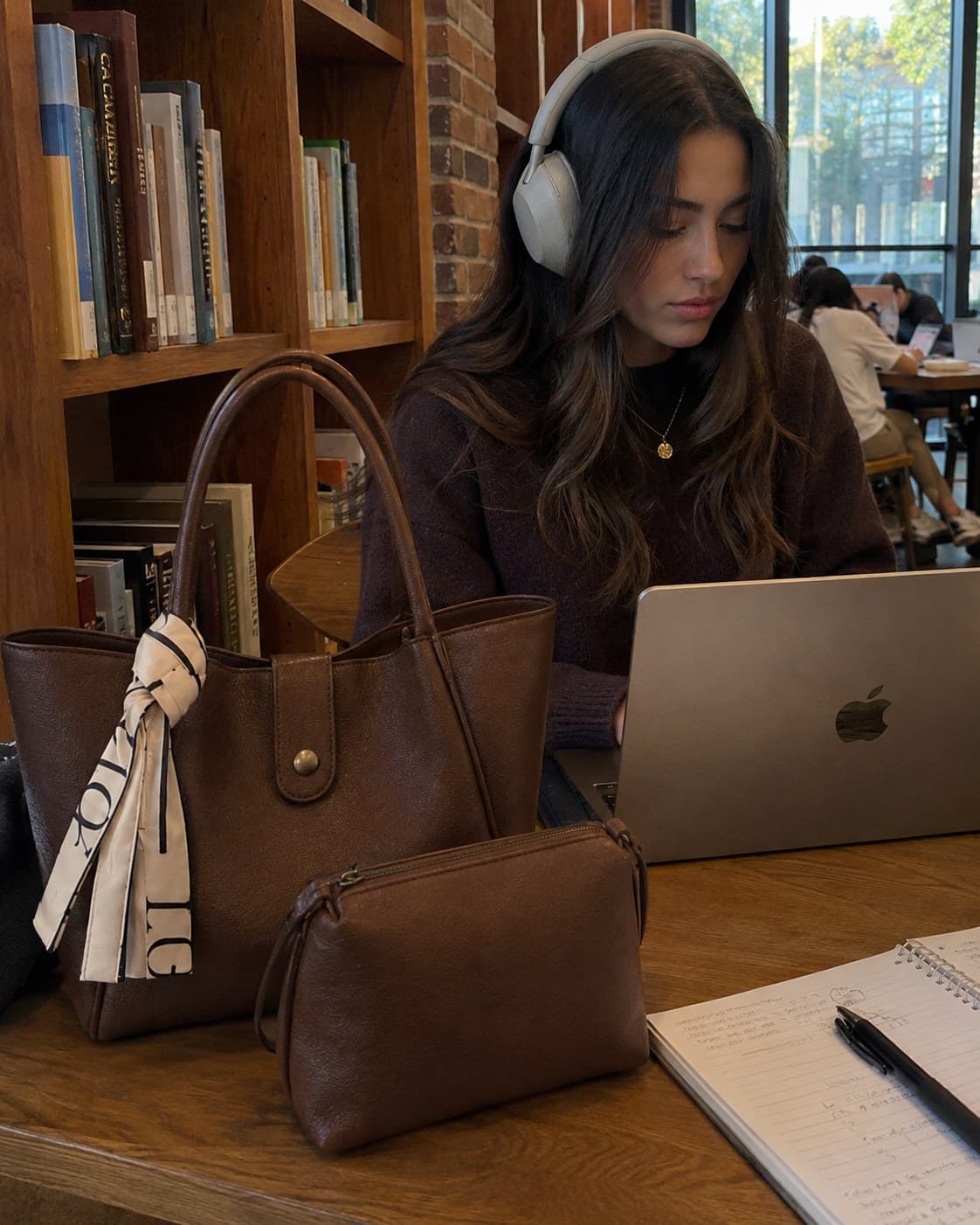 The Everyday Tote in Espresso in the library