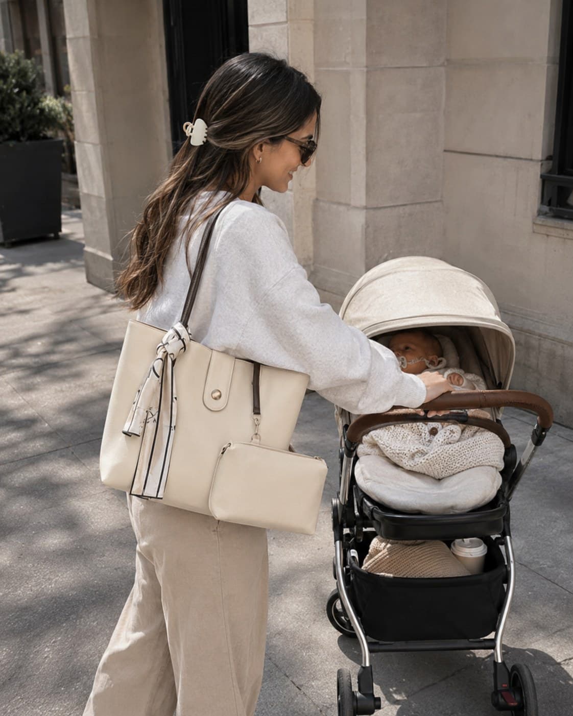 Out with the pram carrying the Everyday Tote in Bone